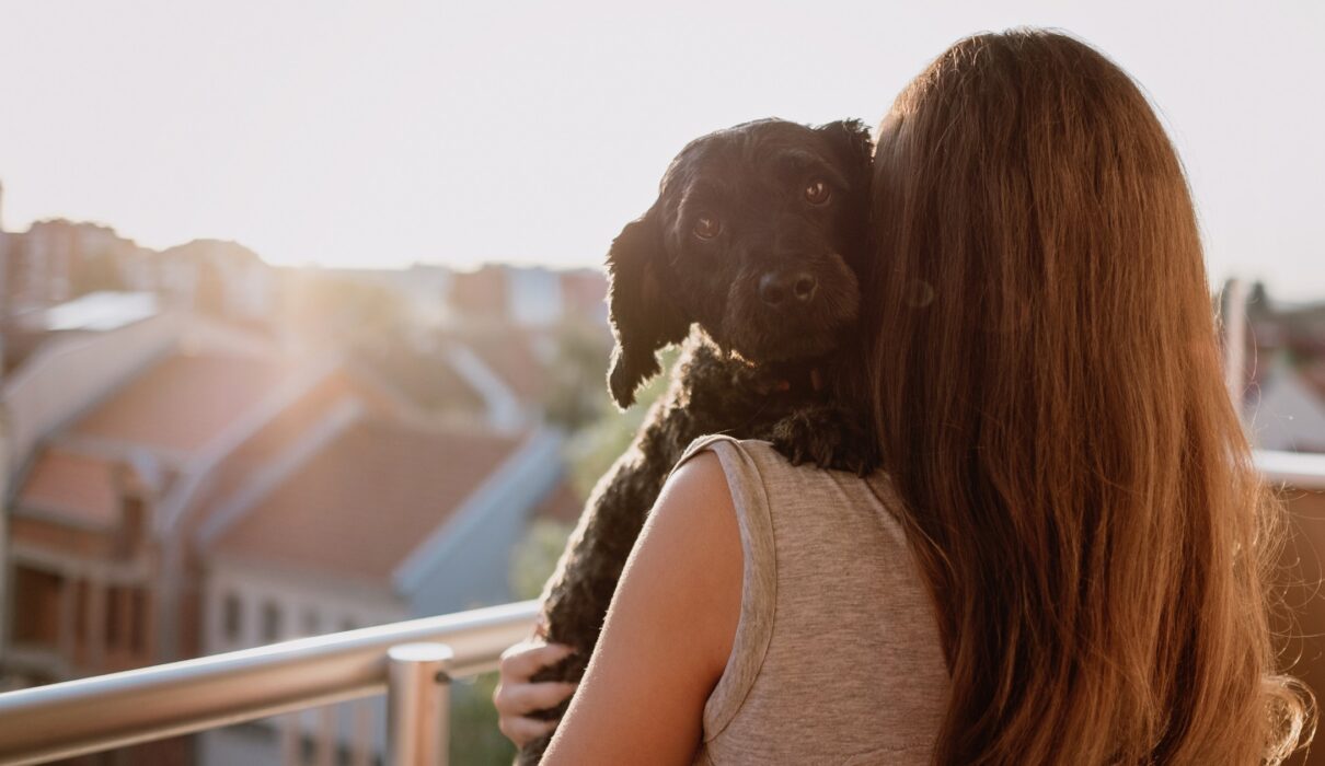 A woman with long brown hair holding a black dog on a sunny balcony, overlooking a cityscape. The dog looks at the camera, highlighting the close bond and emotional support pets provide.